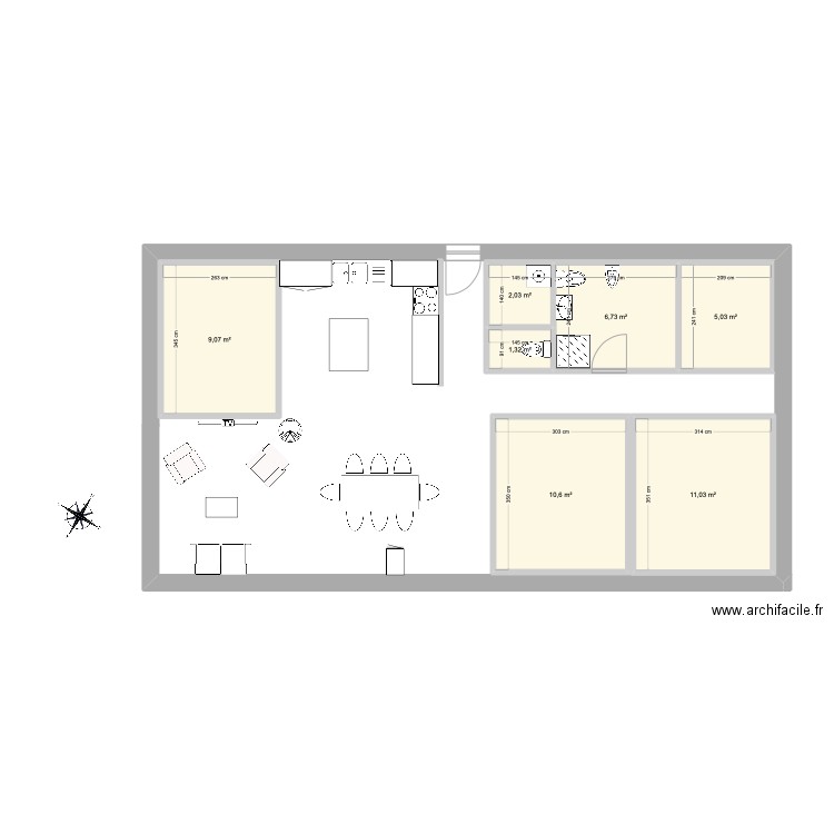 Maison rectangulaire. Plan de 7 pièces et 46 m2