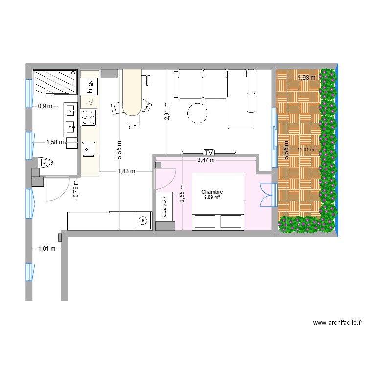 guiglia. Plan de 2 pièces et 21 m2