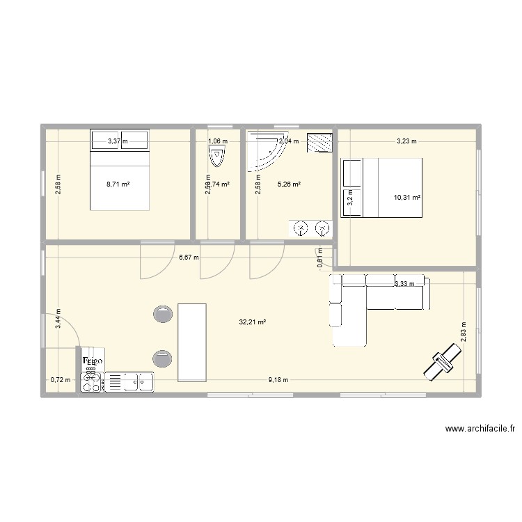 TOM. Plan de 5 pièces et 59 m2