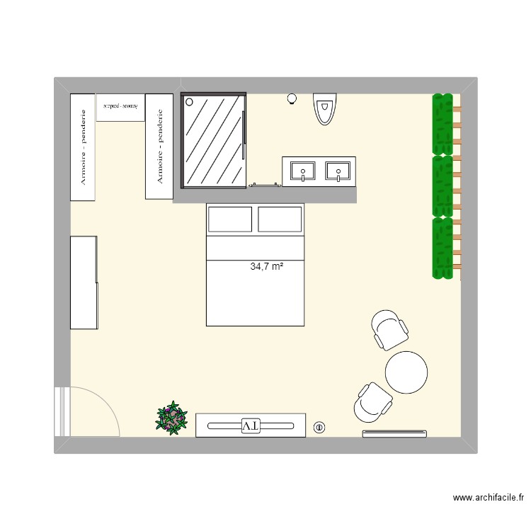 chambre projet . Plan de 1 pièce et 35 m2