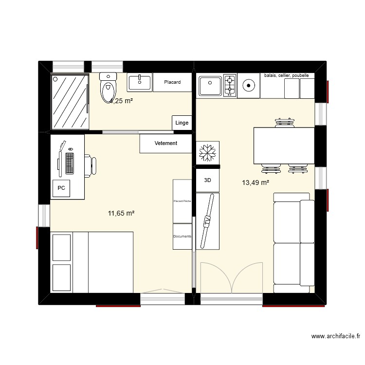 Plan 2. Plan de 3 pièces et 29 m2