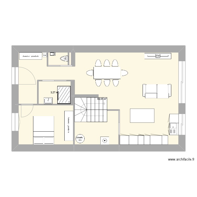 RDC-General. Plan de 2 pièces et 63 m2