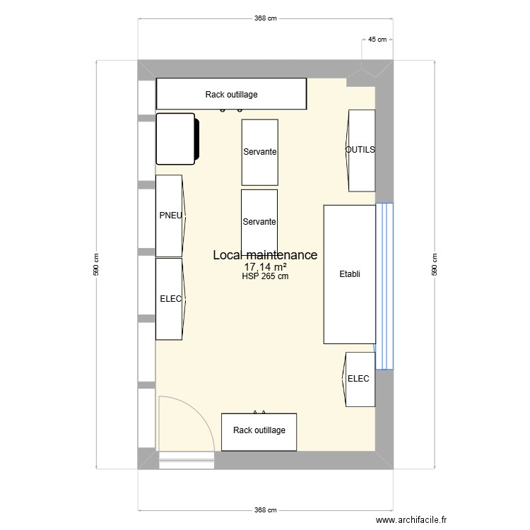 local. Plan de 1 pièce et 17 m2