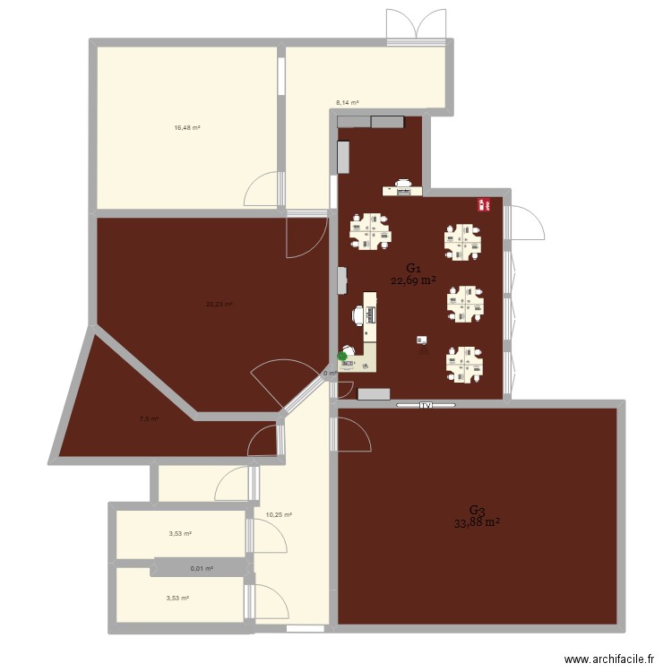 SALLE G1. Plan de 11 pièces et 128 m2