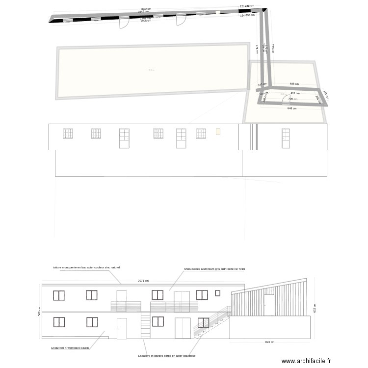 facade nord. Plan de 2 pièces et 134 m2