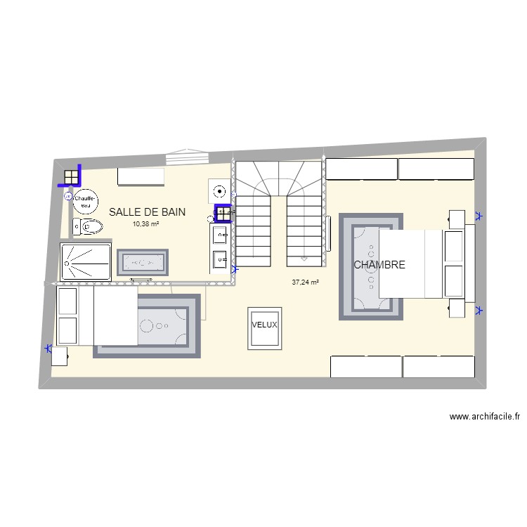 Duplex (combles). Plan de 3 pièces et 48 m2