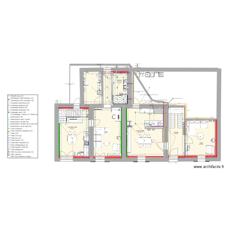 Logement 1 bis avec cuisine sur mur en fond. Plan de 6 pièces et 140 m2