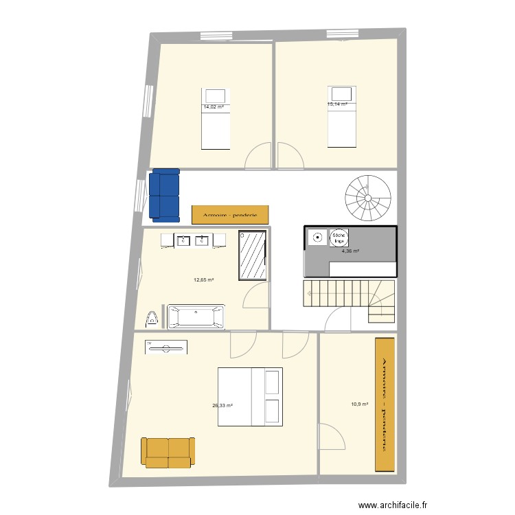 1 etage 3 chambre. Plan de 6 pièces et 83 m2