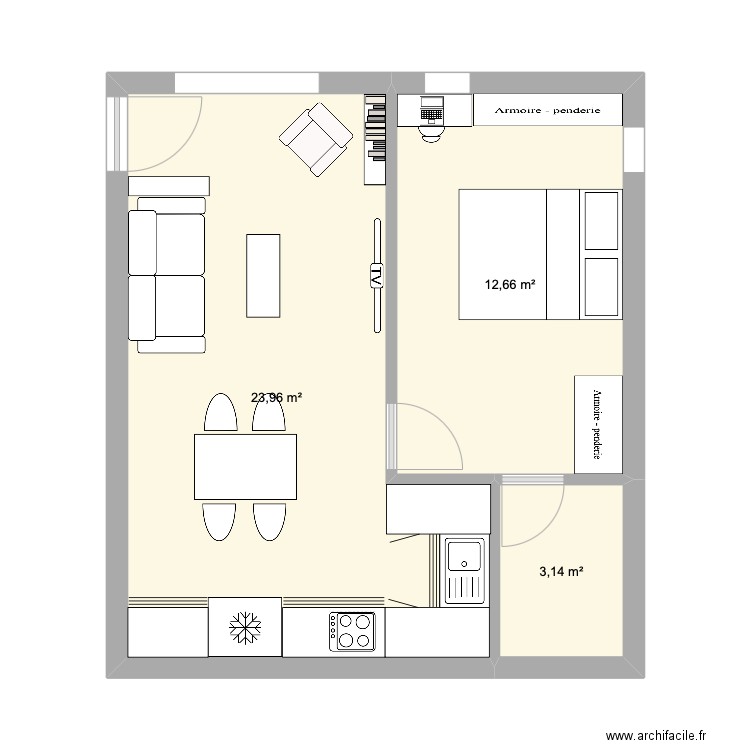 studio 1. Plan de 3 pièces et 40 m2