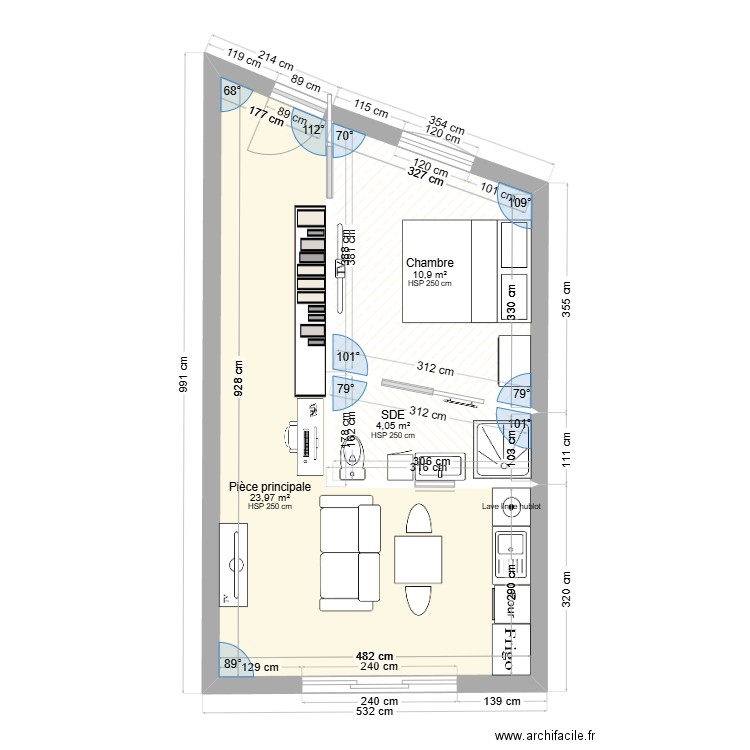 Plan Maison 40m2. Plan de 3 pièces et 39 m2