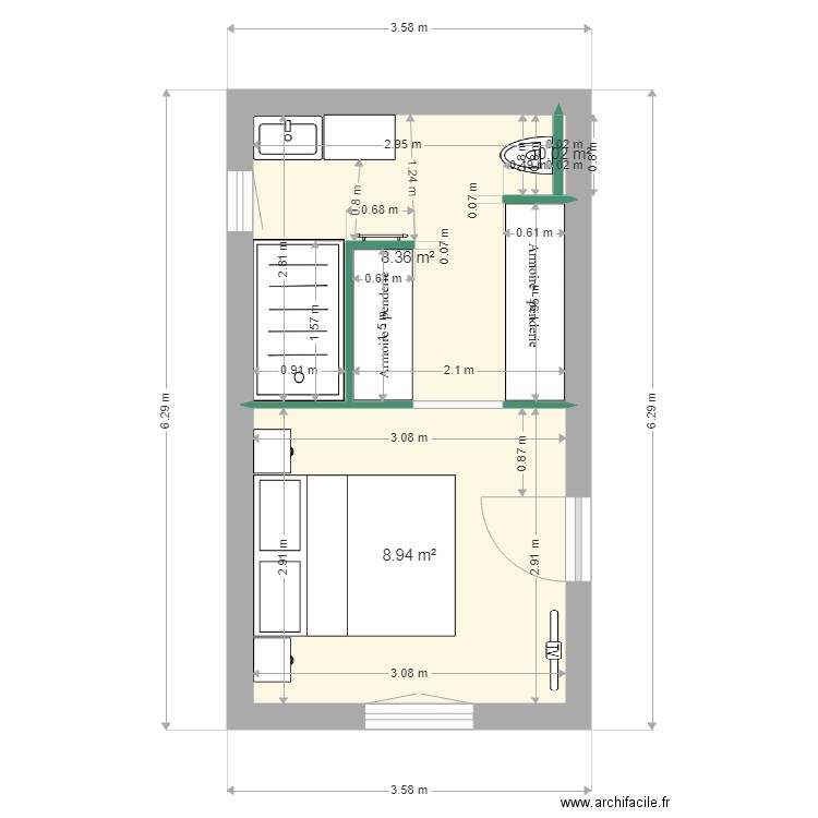 CONGE. Plan de 3 pièces et 17 m2