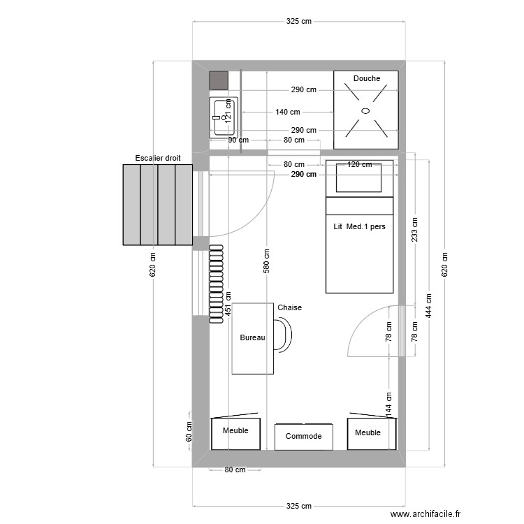 Chambre Micheline modifiable. Plan de 2 pièces et 17 m2