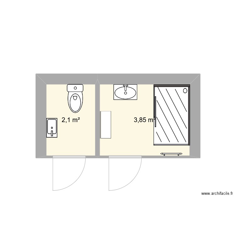 SDB WC. Plan de 2 pièces et 6 m2