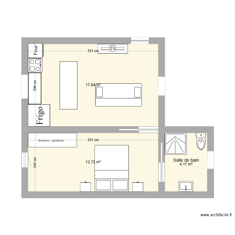 Appart . Plan de 3 pièces et 35 m2