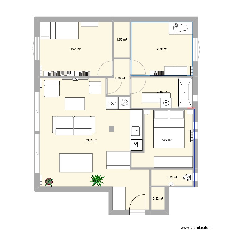 Version archi cuisine U DIFF2. Plan de 9 pièces et 67 m2