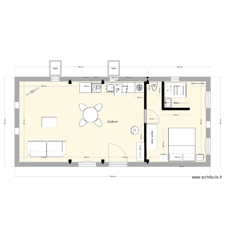 Dependance_7-poutres. Plan de 1 pièce et 53 m2