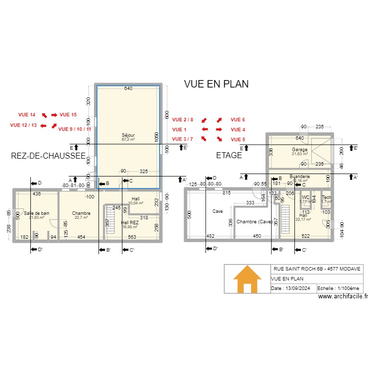 V.RADOUX - VUE EN PLAN - 1/100 - ARCHI - V2.00. Plan de 11 pièces et 228 m2