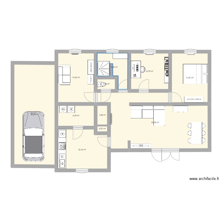 Maison avec isolation intérieure. Plan de 11 pièces et 115 m2