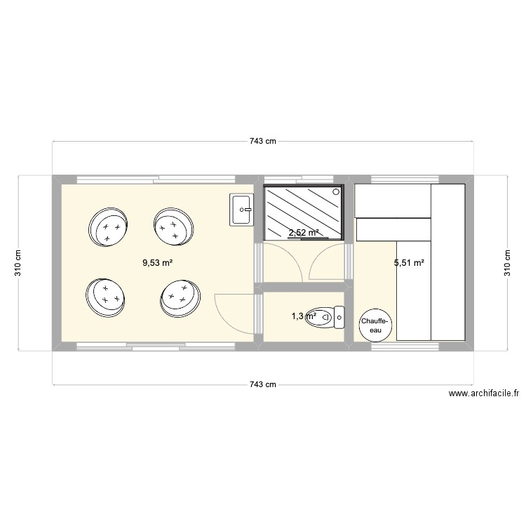 SaunaMeio. Plan de 4 pièces et 19 m2