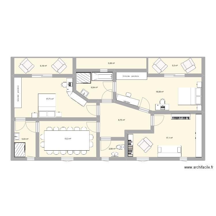 aménagement final. Plan de 11 pièces et 105 m2