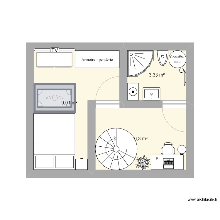 étage . Plan de 3 pièces et 19 m2