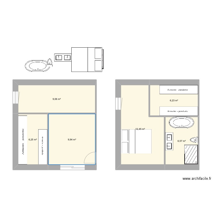 Chambre parentale. Plan de 6 pièces et 50 m2