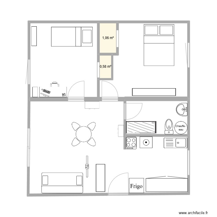 Nathalie  étude . Plan de 2 pièces et 2 m2