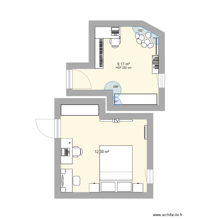 Dremmwell. Plan de 2 pièces et 22 m2