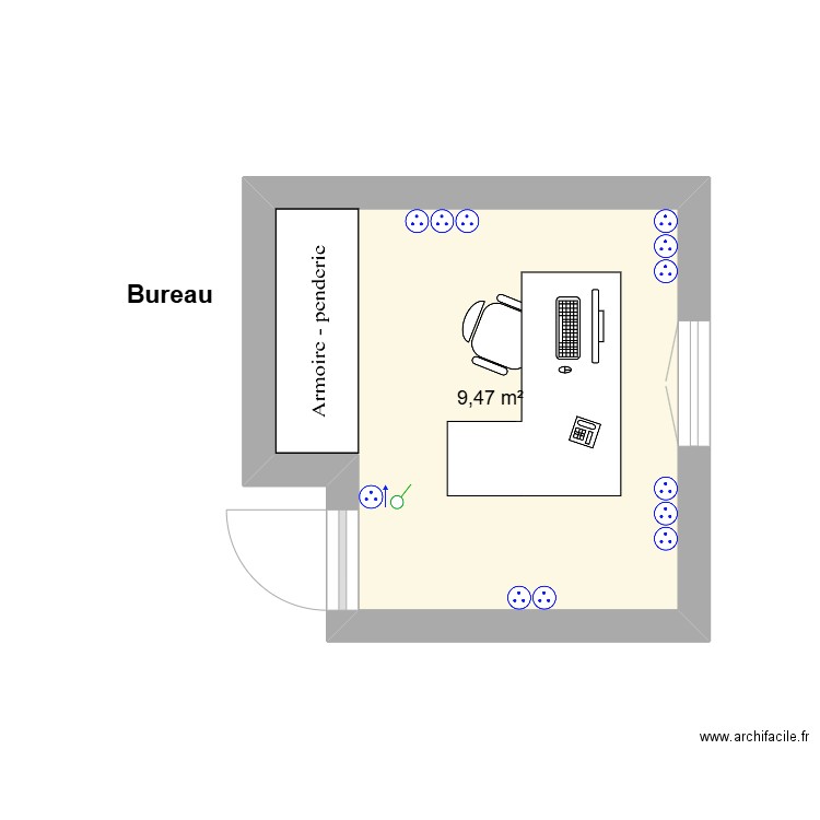 Bureau. Plan de 1 pièce et 9 m2