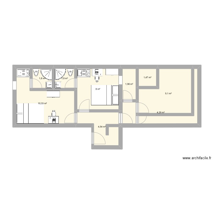 AAS. Plan de 9 pièces et 43 m2