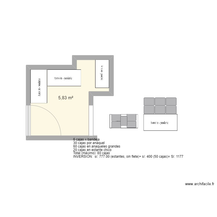 Anaqueles y Cajas. Plan de 1 pièce et 6 m2