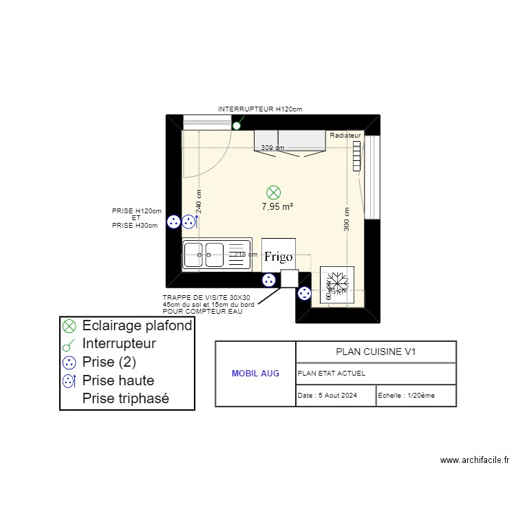 PLAN CUISINE PARIS19. Plan de 1 pièce et 8 m2