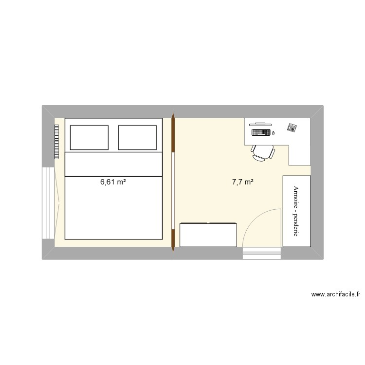 Chambre. Plan de 2 pièces et 14 m2