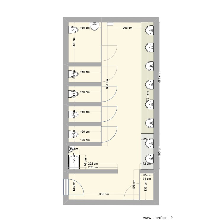 WC Homme. Plan de 7 pièces et 38 m2