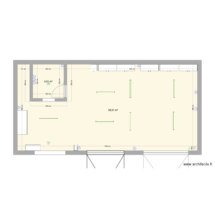 Atelier. Plan de 2 pièces et 64 m2