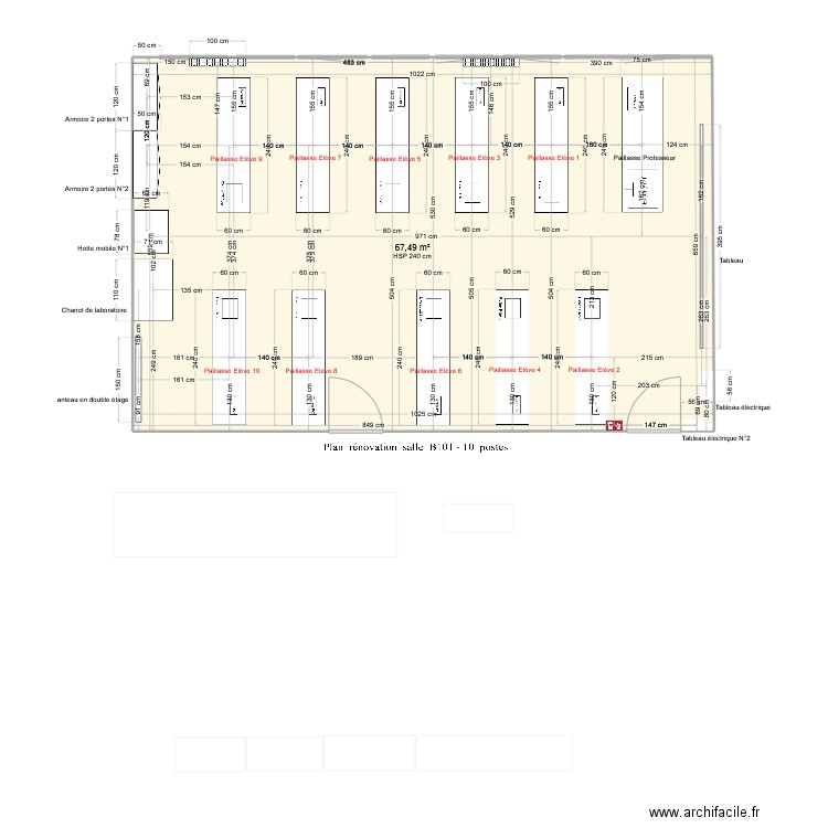 Plan rénovation laboratoire salle B 101 - version 10 postes. Plan de 1 pièce et 67 m2