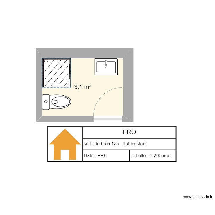 sdb125 existant. Plan de 1 pièce et 3 m2