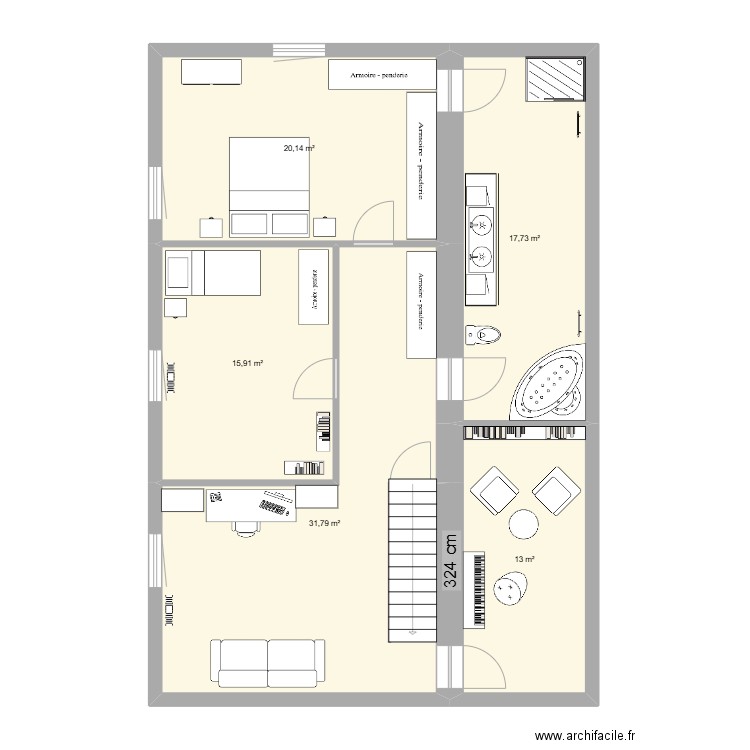 ETAGE Escalier conservé + espace lumineux. Plan de 5 pièces et 99 m2