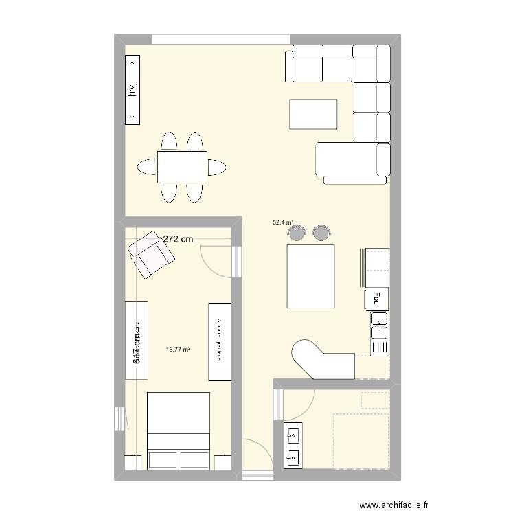 Rez de chaussée maison. Plan de 2 pièces et 69 m2