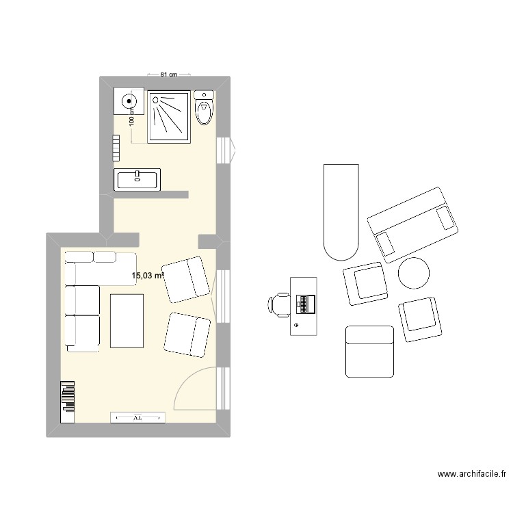 studio. Plan de 1 pièce et 15 m2