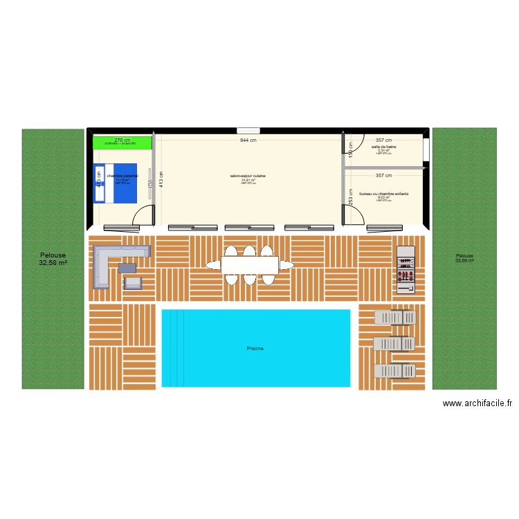 domek 70m2 plus exterieur. Plan de 4 pièces et 60 m2