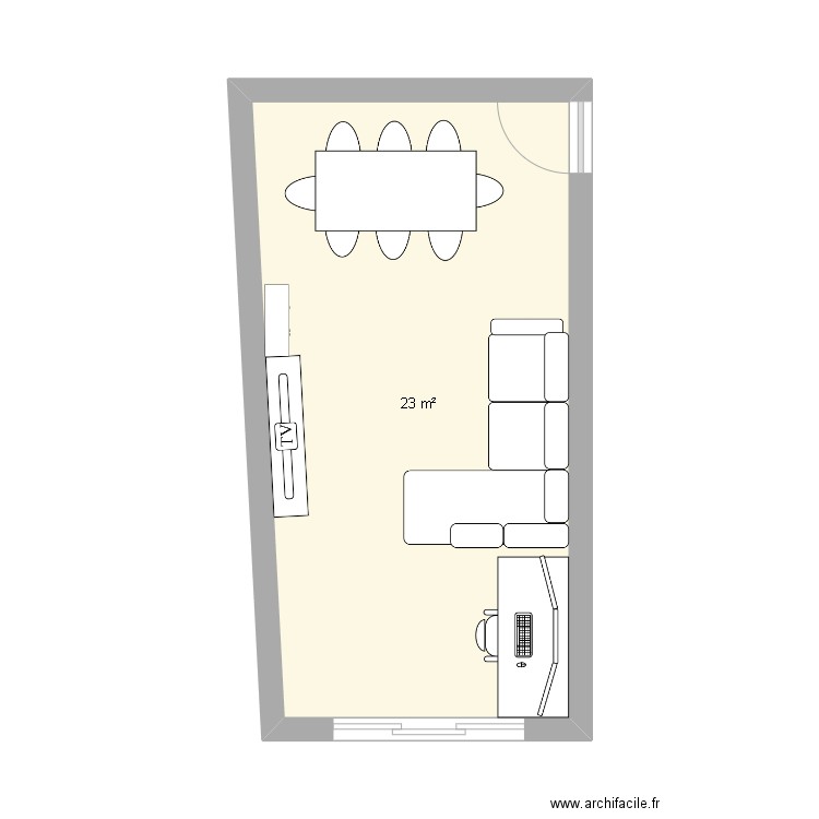 Salon font. Plan de 1 pièce et 23 m2