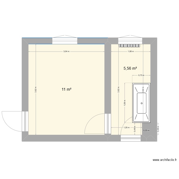 bain Fontaine SANS MEUBLE ET WC. Plan de 2 pièces et 17 m2