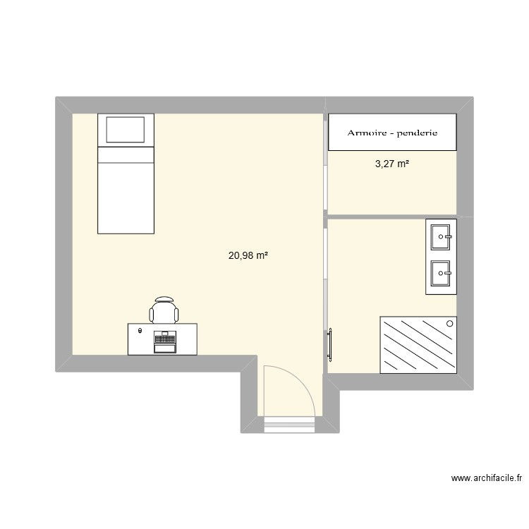 chambre 3 avec dressing et lit 90 2. Plan de 2 pièces et 24 m2