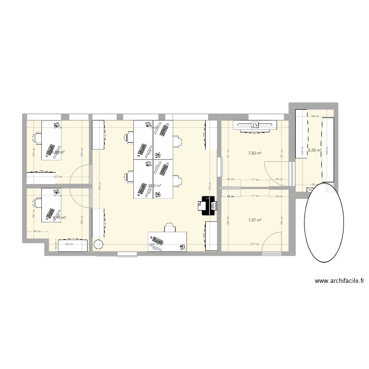 Bureau_version 3_bureaux 160cm. Plan de 6 pièces et 60 m2