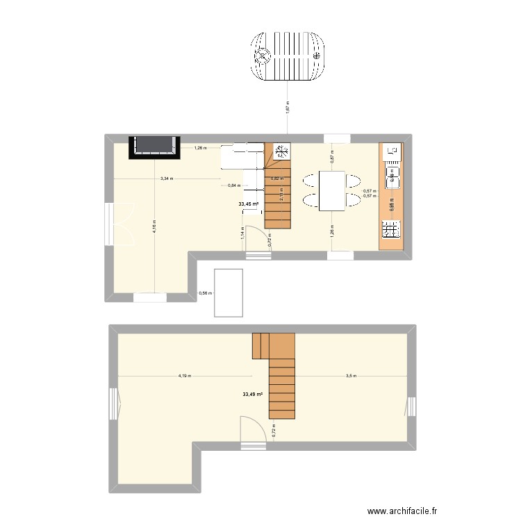 rez de chaussé. Plan de 2 pièces et 67 m2