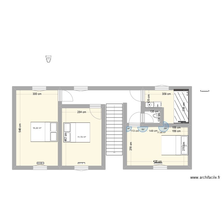 galie etage. Plan de 3 pièces et 46 m2