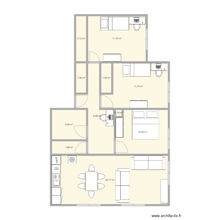 Plan appartement 4P - 80m². Plan de 11 pièces et 79 m2