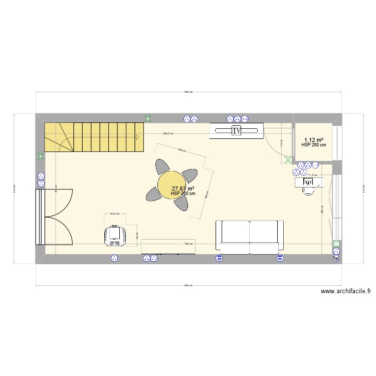 Piece principal. Plan de 2 pièces et 29 m2