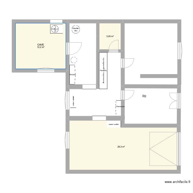 sous sol2. Plan de 3 pièces et 42 m2